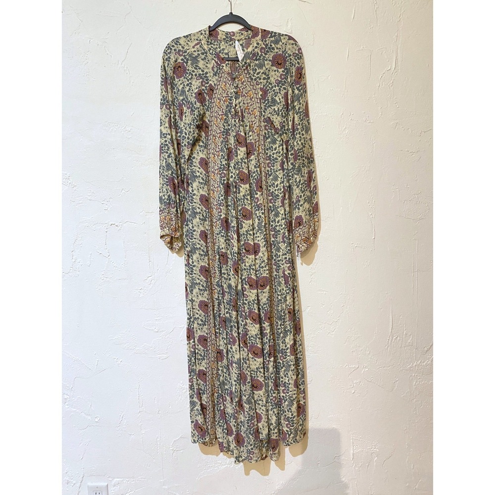 Natalie Martin Maxi Dress Women XL Cream Floral Batik Long Sleeve Boho Silk-Like